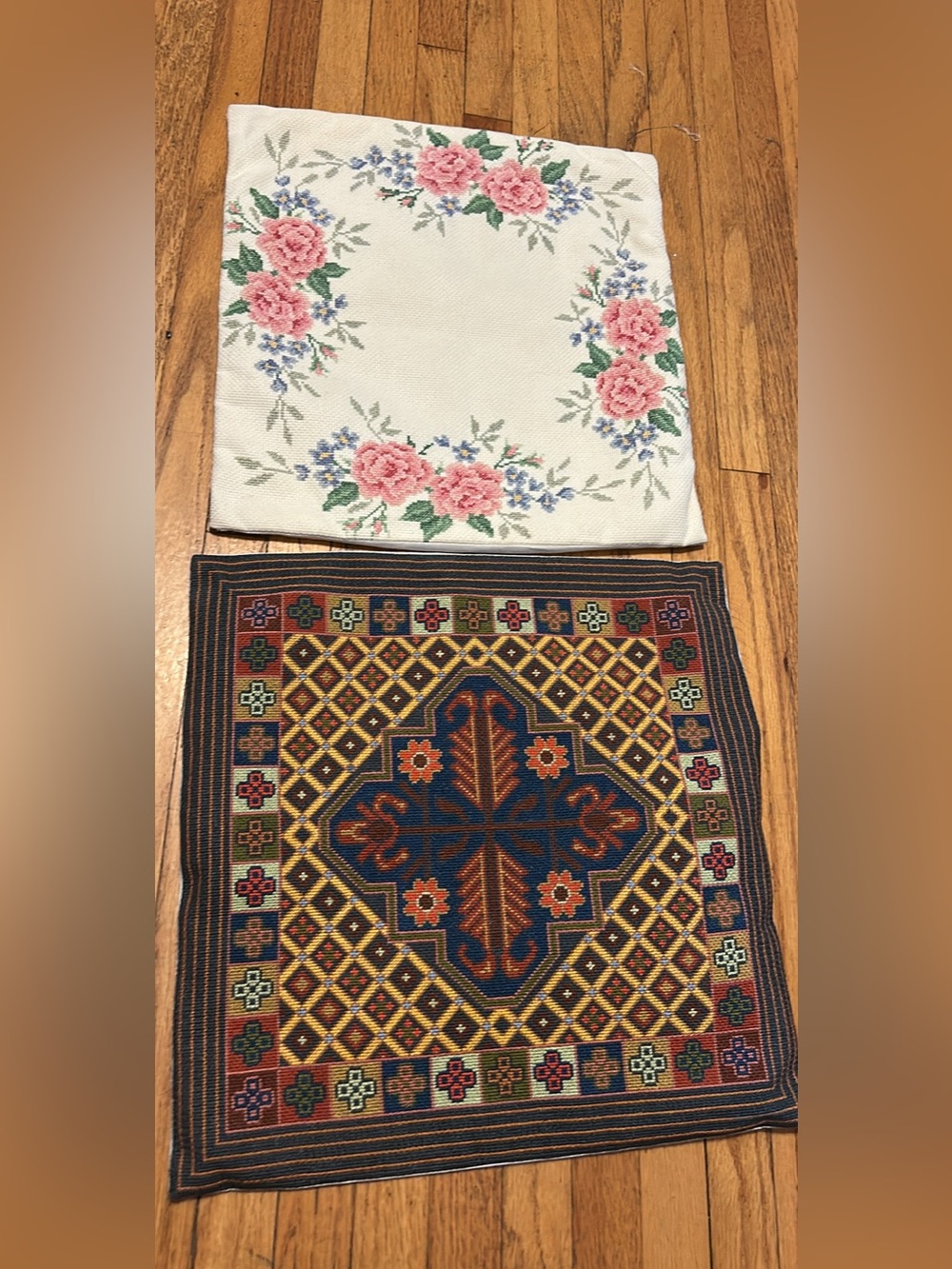Pair of hand cross stitch cushion cases, 13”x13”
